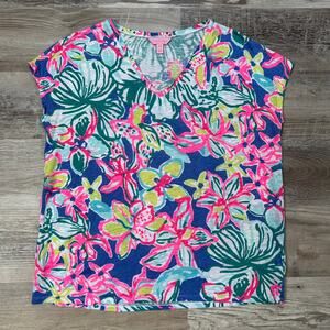 Lilly Pulitzer Iris Blue Casa Azul Hartwell Boxy Linen Floral Tee